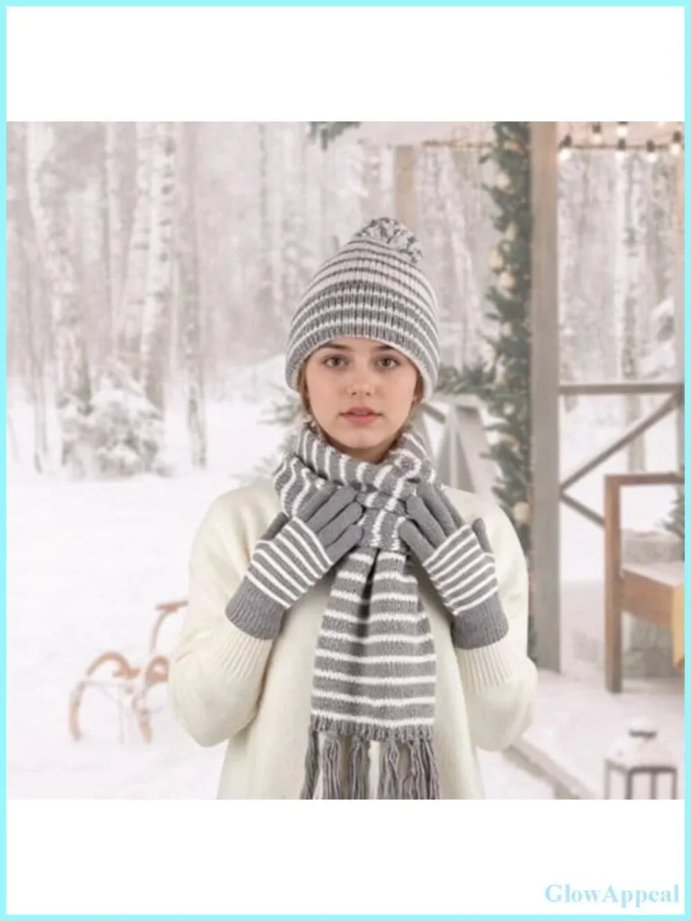 Acrylic Winter Hat Scarf Gloves Set for Women Touchscreen Knit Pompom Beanie